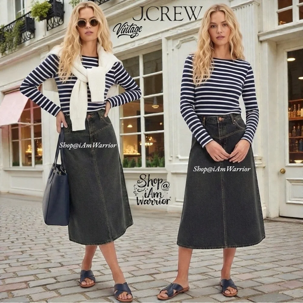 J.Crew RARE Vintage Broken-in indigo Denim A-Line Midi skirt *shop@iamwarrior
